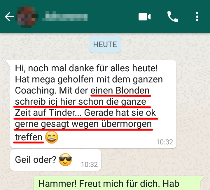 Testimonial WhatsApp über Coaching