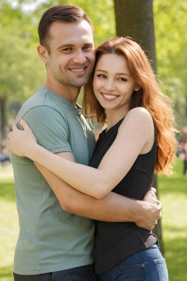 Paar umarmt sich lächelnd im Park