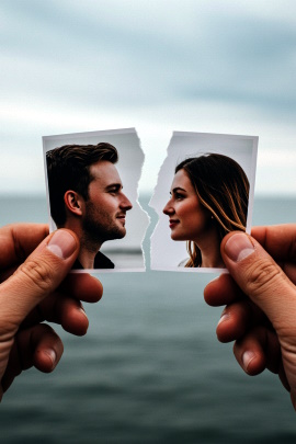 Mann am Meer hält zerrissenes Pärchenfoto nach der Trennung
