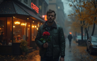 Mann mit Rose in der Hand steht ängstlich vor einem Café am Herbstabend