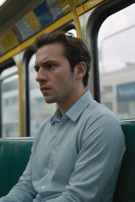 Mann sitzt nervös in der Straßenbahn