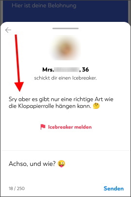 Frau sendet Mann einen Icebreaker auf Lovoo