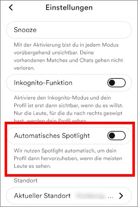 Einstellungen bei Bumble mit Option für automatische Spotlights