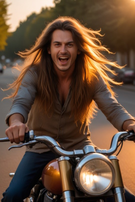 Langhaariger Mann auf dem Motorrad im Sonnenuntergang