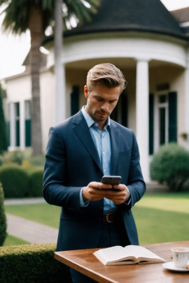 Mann steht vor seiner Villa am Gartentisch und schaut ungeduldig aufs Handy