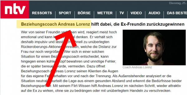Sender ntv berichtet auf Nachrichtenseite über Beziehungscoach Andreas Lorenz