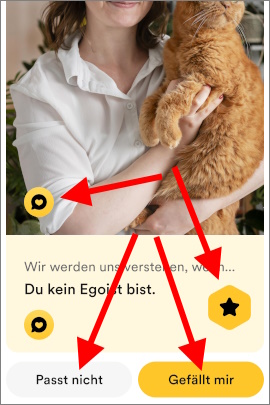 Bumble-Profil mit Buttons für Like, Dislike und Kompliment