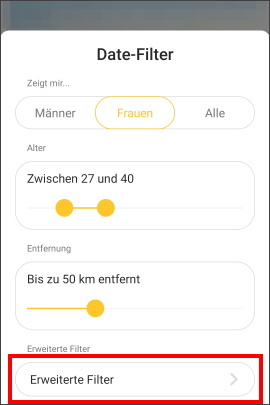 Menü für Sucheinstellungen in der Bumble-App