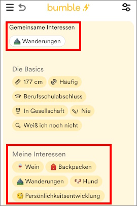 Bumble-Profil mit hervorgehobenen Interessen