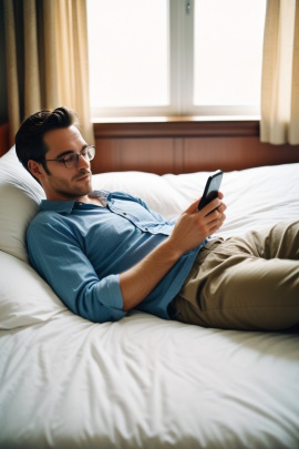 Mann mit Brille liegt auf dem Bett und liest am Handy