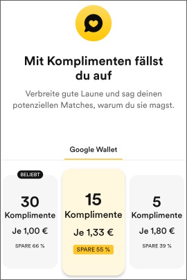 Menü mit Angeboten in Bumble, um Komplimente zu kaufen