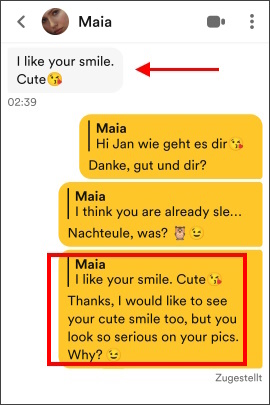 Chat in Bumble, wo Mann auf ein Kompliment der Frau antwortet