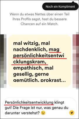 Profiltext in Bumble mit Kompliment dazu