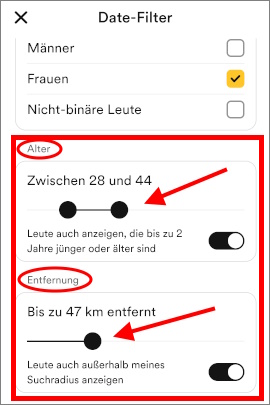 Suchfilter in Bumble, um Alter und Entfernung festzulegen