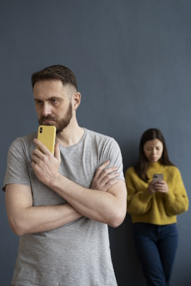 Mann mit Handy schaut nachdenklich, während Frau im Hintergrund steht