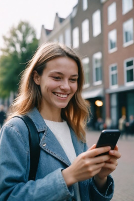 Frau in der Stadt schaut lächelnd aufs Handy