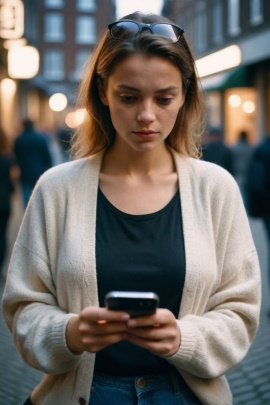 Frau in der abendlichen Stadt schaut ernst aufs Handy