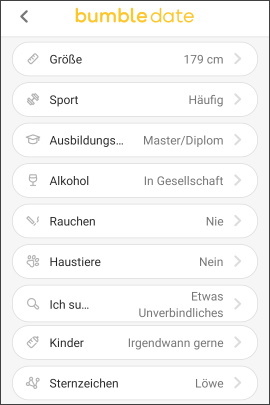 Liste der Profilangaben in Bumble