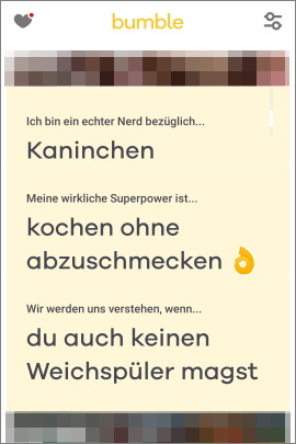 Profiltext in Bumble mit Antworten auf lustige Fragen