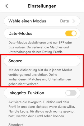 Snooze-Modus aktivieren in Bumble