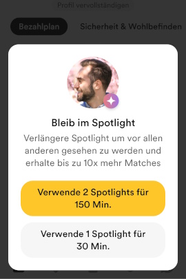 Menü bei Bumble, um Spotlight zu aktivieren