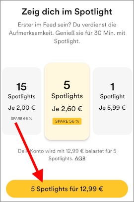 Menü, um Spotlights in Bumble zu kaufen