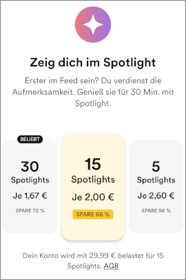 Menü zum Kauf von Spotlights mit Preisen