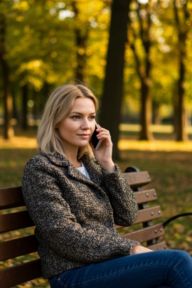 Frau sitzt auf der Parkbank und telefoniert mit ihrem Smartphone