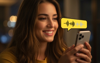 Lächelnde Frau mit Handy hört Sprachnachricht auf Bumble ab