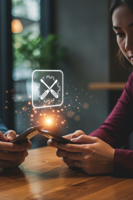 Paar sitzt am Tisch mit Handys, über denen ein Symbol für die technische Wartung schwebt