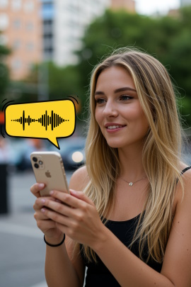 Frau steht in der Stadt und hört Audioaufnahme bei Bumble