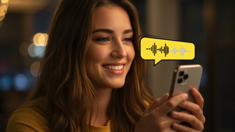 Lächelnde Frau mit Handy hört Sprachnachricht auf Bumble ab