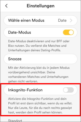 Standort in Bumble ausschalten mithilfe der Inkognito-Funktion