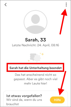 Benachrichtigung von Bumble, dass Frau das Match aufgelöst hat