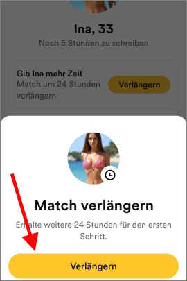 Pop-up-Menü in Bumble, um das Verlängern des Matches zu bestätigen