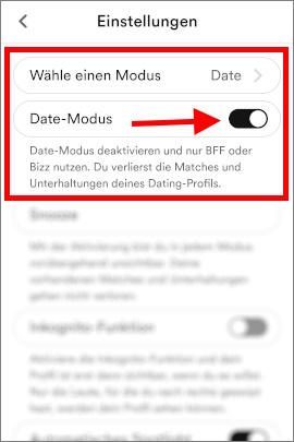 Einstellungen in Bumble, um Date-Modus zu deaktivieren