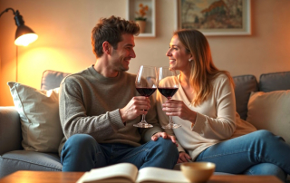 Paar sitzt beim ersten Date zuhause auf dem Sofa und stößt mit Rotwein an