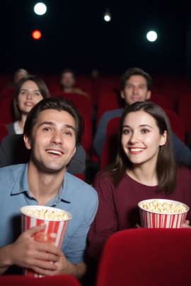 Paar sitzt lachend im Kino mit Popcorn-Tüten 