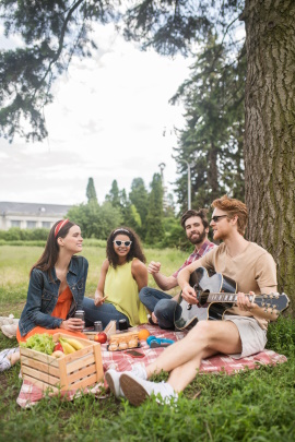 Zwei befreundete Paare machen Picknick im Grünen