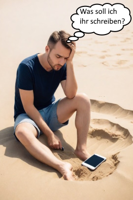 Mann sitzt resigniert in der Wüste und betrachtet im Sand liegendes Handy