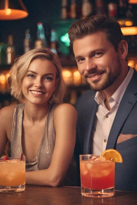 Fröhliches Paar sitzt mit Cocktails in einer Bar