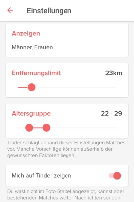 Einstellungsmenü bei Tinder