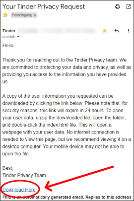 E-Mail von Tinder, um Nutzerdaten herunterzuladen
