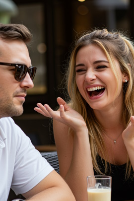 Lachende Frau sitzt mit ernstem Mann beim Date im Café