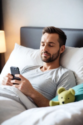 Mann liegt lächelnd im Bett und liest am Handy