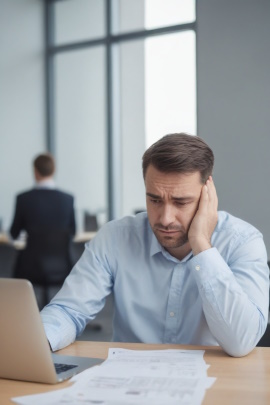 Mann mit Laptop sitzt frustriert im Büro am Schreibtisch 