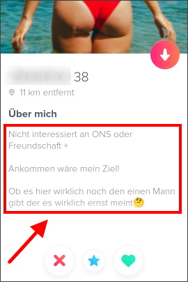 Profiltext in Tinder von einer Frau, die eine feste Beziehung sucht