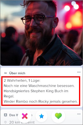 Kreatives Tinder-Profil eines Mannes mit Bild und Text