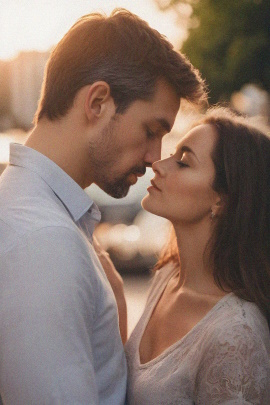 Mann und Frau bei Sonnenuntergang wollen sich küssen