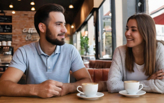 Mann und Frau sitzen lächelnd im Café beim Date